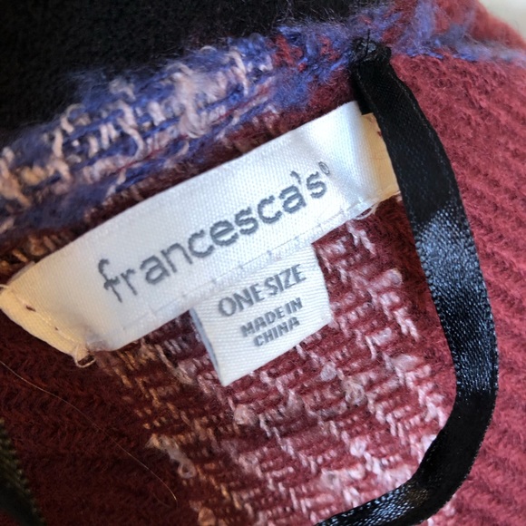 Francesca Robin Ruffle Hem Ruana Plaid Burgundy Blue White Wrap - Picture 5 of 7